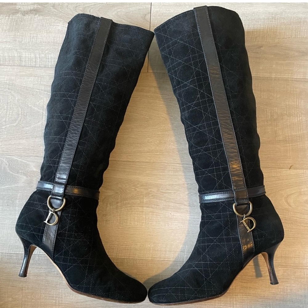 DIOR Cannage Knee High Diorama Black Suede Heel Boots